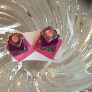 Denim Fabric rainbow hand made retro earrings pink